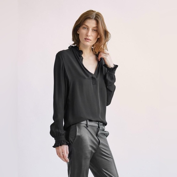 Nili Lotan 100% Silk Black Ruffled Esther Blouse size Large - Picture 1 of 11